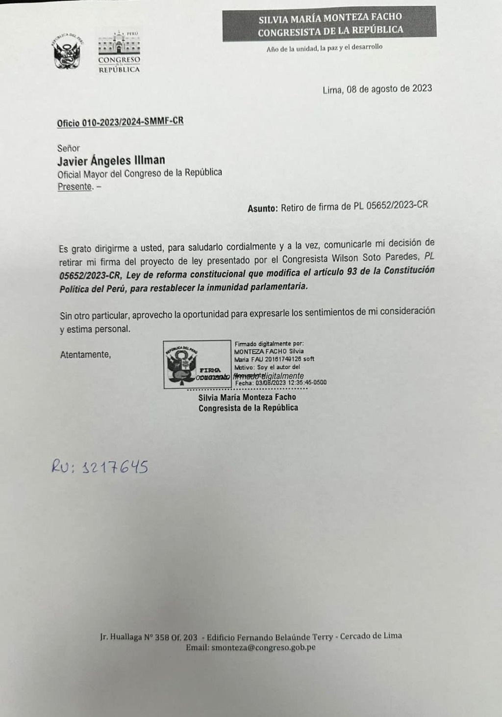 Congresista Silvia Monteza de la bancada de Acción Popular retira su firma al proyecto de ley sobre inmunidad&nbsp;parlamentaria