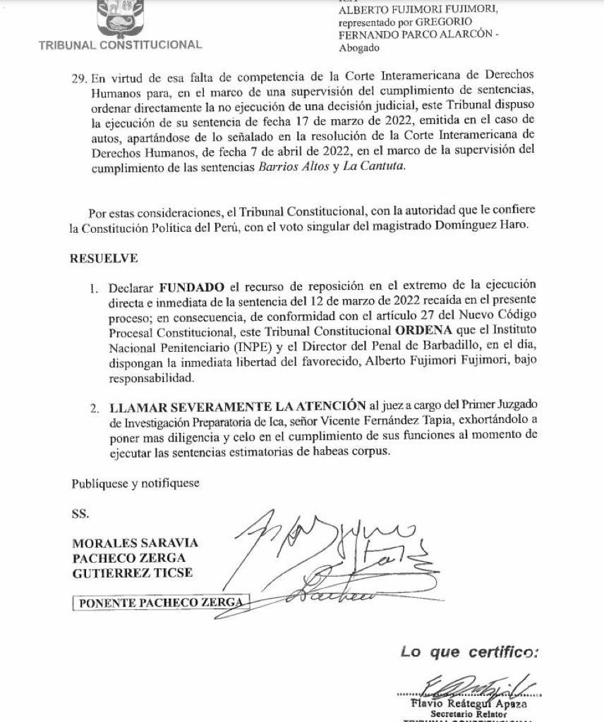 Tribunal Constitucional Ordena la Liberación Inmediata de Alberto&nbsp;Fujimori