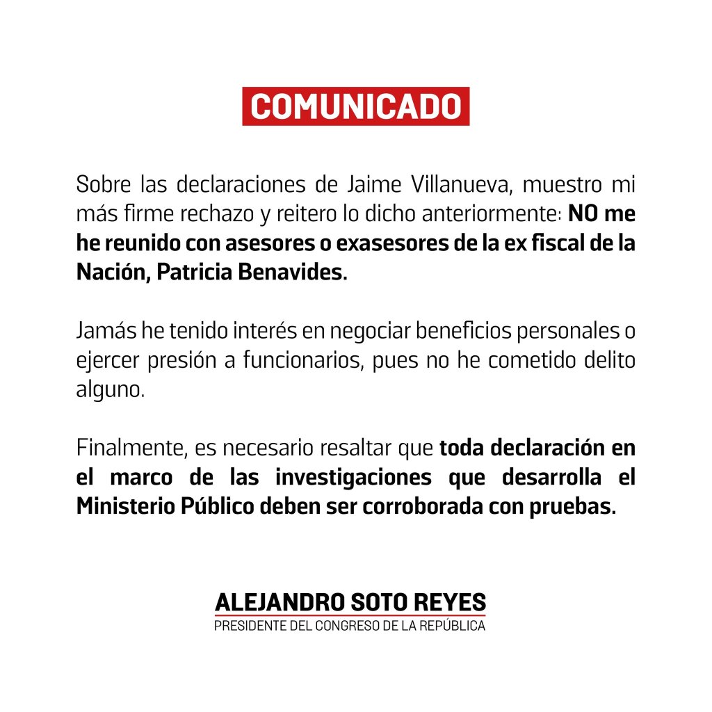 Comunicado del Presidente del Congreso: Alejandro Soto Reyes Niega Acusaciones y Destaca la Importancia de la Prueba en las Investigaciones del Ministerio&nbsp;Público
