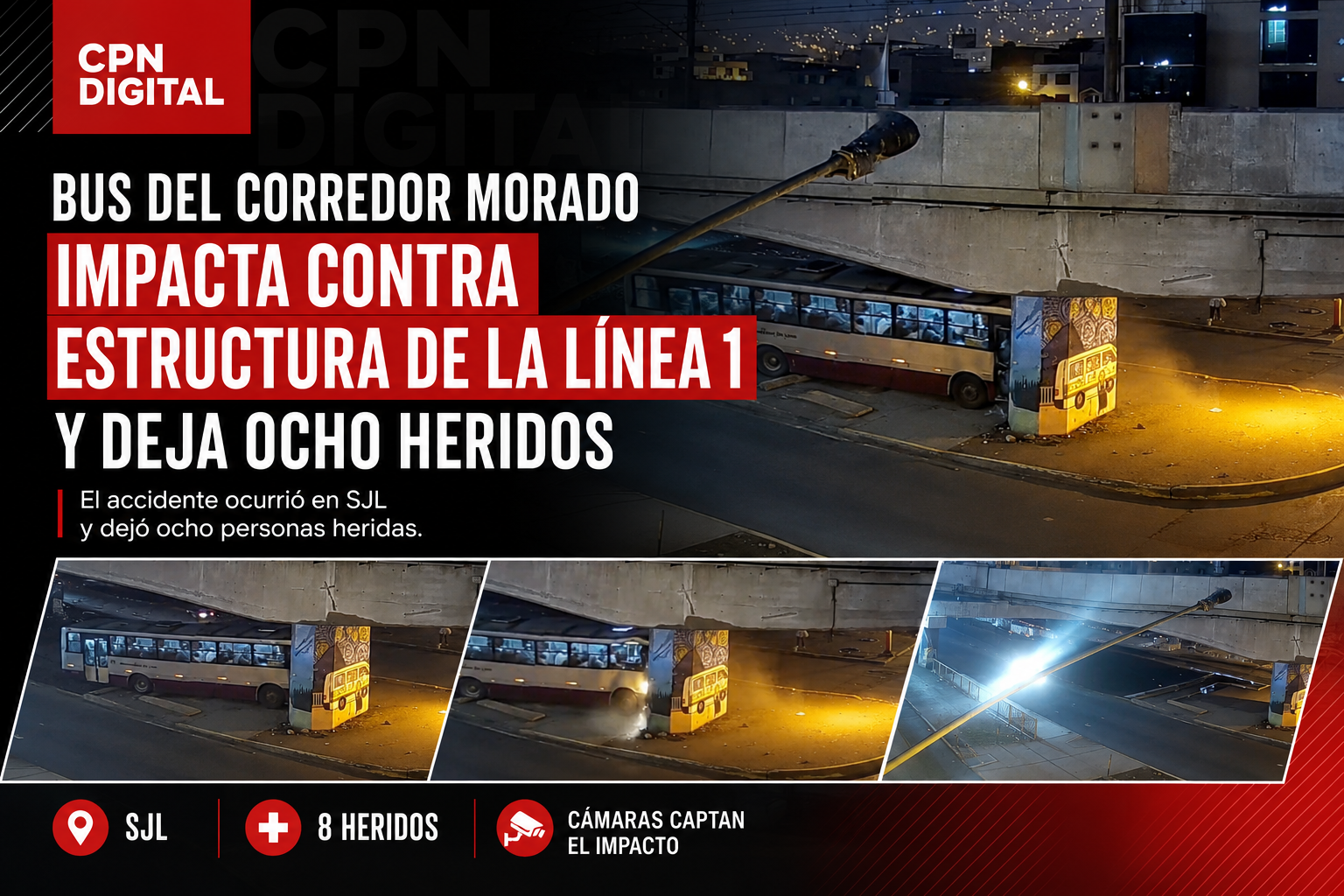 Bus del Corredor Morado choca contra estructura de la Línea 1 en SJL y deja ocho heridos